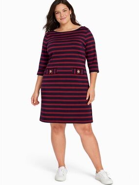 Talbots Petite 1XP Striped Cotton Dress Burgundy Navy Nautical Preppy Pockets